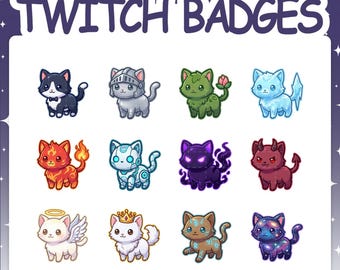 May include: A digital collection of twelve cat-themed Twitch badges featuring various designs including a tuxedo cat, a knight, a plant, an ice cat, a fire cat, a robot, a shadow cat, a devil, an angel, a royal cat, a rune cat, and a galaxy cat.