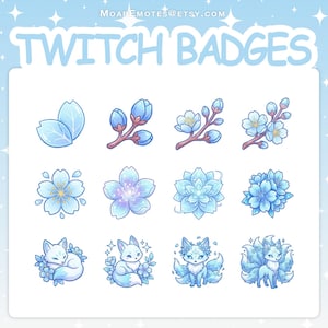 Puede incluir: Un conjunto de insignias de Twitch en azul claro con diseños florales y zorros. Las insignias incluyen imágenes de hojas, capullos, flores y zorros con detalles florales. El texto "TWITCH BADGES" se muestra en la parte superior.