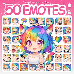 Puede incluir: Ilustración digital con un personaje central de estilo anime con cabello arcoíris y orejas de gato, rodeado de 50 emoticonos diferentes. El texto "50 EMOTES" se muestra en rosa en la parte superior. El fondo es rosa con estrellas blancas.