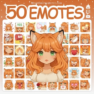 Pode incluir: Gráfico de arte digital com 50 emotes de um personagem com orelhas de raposa, cabelo laranja e olhos verdes. Os emotes mostram várias expressões e ações. O texto "50 EMOTES" é exibido no topo.