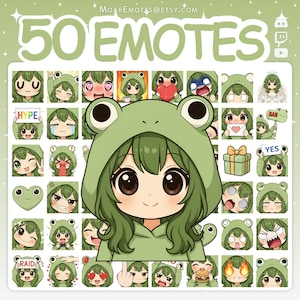 Puede incluir: Gráfico de arte digital con 50 emotes con temática de rana verde. Los emotes muestran varias expresiones, incluyendo feliz, triste y enfadado. El texto "50 EMOTES" se muestra en la parte superior, con la URL de la tienda Etsy en la parte superior.