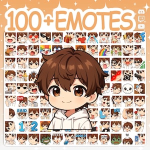 Twitch Emotes, Chibi Boy Emotes, Discord Emotes, Cute Emotes, Chibi Emotes, YouTube Emotes, Boy Emotes, Emote Pack, Brown Hair Emotes