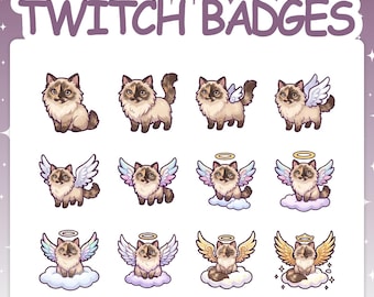Twitch Badges | 12 Angel Cat Sub Badges Set with 2 Tier Flairs for Stream