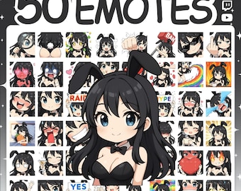 May include: A digital collection of 50 anime-style emotes featuring a character with long black hair and black bunny ears. The character wears a black leotard and bowtie. The image includes the text 50 EMOTES and MISTERMOAR@ETSY.COM at the top.