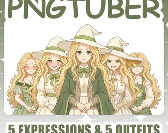 PNGTuber / Modelo 2D de bruja femenina para Vtuber con 5 expresiones y 5 atuendos para Twitch y YouTube Streaming, listo para Veadotube.