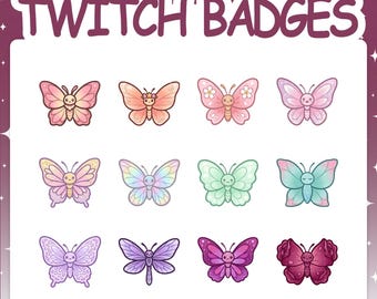 Twitch Badges | 12 Fairy Butterfly Sub Badges Set with 2 Tier Flairs for Stream