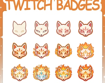 Puede incluir: Un conjunto de doce insignias digitales de Twitch con un diseño de máscara de zorro en una cuadrícula. Las máscaras evolucionan desde una base blanca simple hasta diseños con marcas rojas, llamas naranjas y ojos azules brillantes. El texto TWITCH BADGES y MISTERMOAR@ETSY.COM aparece en la parte superior.
