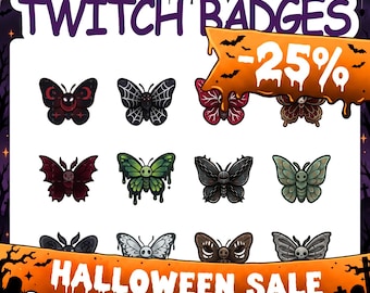 Twitch Badges | 12 Horror Butterfly Sub Badges Set with 2 Tier Flairs for Stream