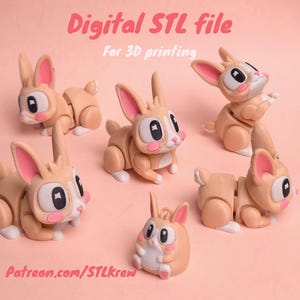 Cute Bunny, rabbit STL/3MF 3d printing file. Articulated, print in place, no supports
