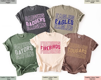 May include: Five Comfort Colors t-shirts in various colors, each with a team name printed in a stacked, arched design. The colors include pepper, khaki, moss, ivory, and espresso. The team names are Badgers, Eagles, Gators, Firebirds, and Cougars.