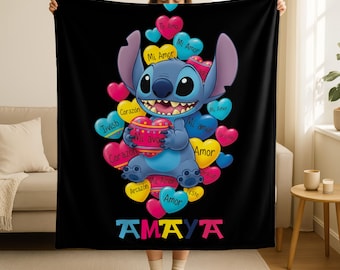 Personalized Name Stitch Valentine Blanket,Annivesary Gift for Couple,Stitch Valentine’s Plush Throw Blanket, Cozy Couple Blanket,For Lovers