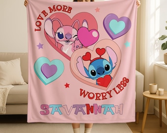 Personalized Name Stitch Angel Blanket, Love More stitch Throw,Custom Stitch LiLo Love Blanket,Valentines Day Gift,Stitch Girlfriend Gift