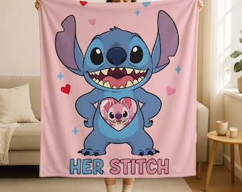 Her Stitch Blanket,Heart Stitch Couple Throw,Valentine Gift,Stitch Angel Throw,, Family Fleece Blanket, Home Decor,Stitch Lover Gift for Her