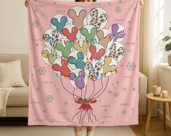 Custom Name Disney Mickey Ear Balloon Funny Christmas Blanket, Happiest Place On Earth Throw, Birthday Gift,Kids Nursery Christmas Decor
