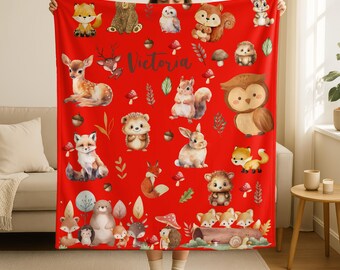 Personalized Name  Animal Blanket,Baby Shower Gift, Woodland Nursery Decor, Woodland NameThrow Blanket, Custom Coming Home Blanket