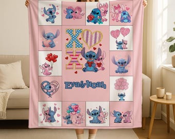 Personalized Disney Stitch Blanket,Custom Name Lilo And Stitch Disney Blanket,Couple Blanket,Valentine Gift,Stitch Birthday Gift,Couple Gift