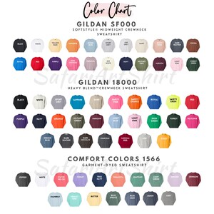 a color chart for two different types of GILARD crew neck sweatshirts: GILARD SF000 and GILARD 1800. The chart lists various color options for each type of sweatshirt, including black, white, yellow, tangerine, blue, and more. The chart also includes the color options for the heavy blend "GILARD 1800" crew neck sweatshirt and the comfort colors 1566.