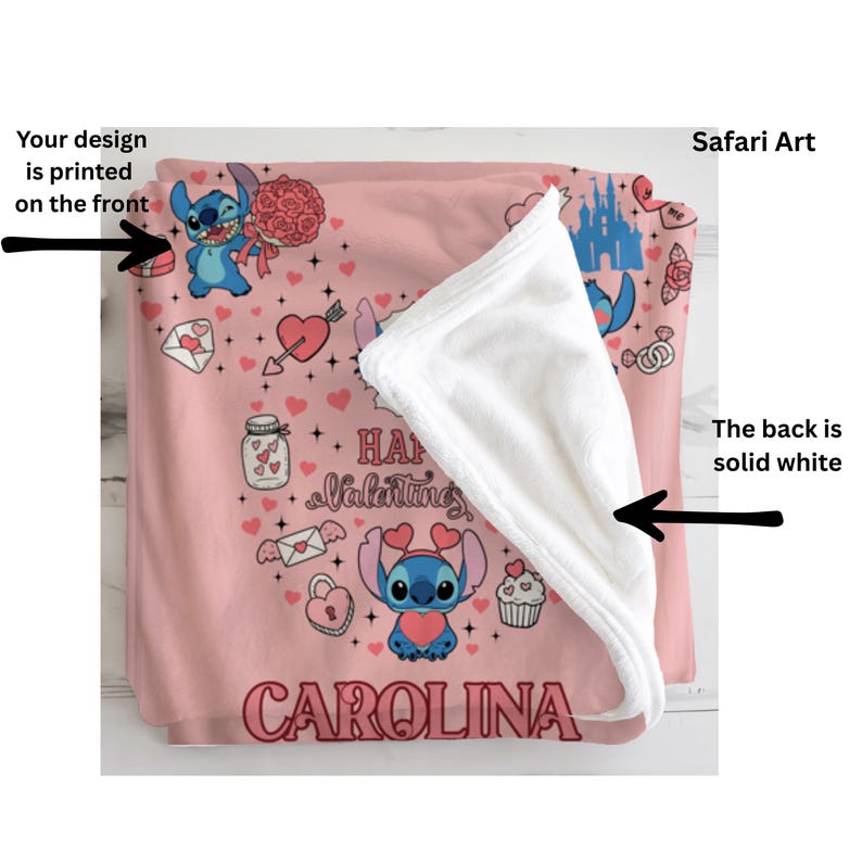 a pink blanket with a printed design of various cartoon characters and a personalized name, "CAROLINA", printed on it.