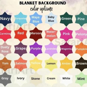 a variety of blanket colors, including navy blue, turquoise, baby blue, green, pine, light green, carnine, red, maroon, pink, peony, mocha, lavender, magenta, pumpkin, caramel, grape, purple, lemon, amber, brown, coral, flame, yam, salmon, yellow, lemon, amber, brown, coral, black, gray, ivory, stone, cream, white, mint, and rose.
