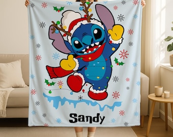 Personalized Disney Stitch Christmas Blanket, Lilo & Stitch Very Merry Christmas Gift, Ohana Means Family Christmas Blanket, Daughter Gift