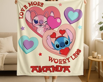 Personalized Stitch Valentines Blanket, Custom Lilo and Stitch Valentine’s Plush Throw Blanket, Cozy Couple Blanket, Cute Throw Blanket