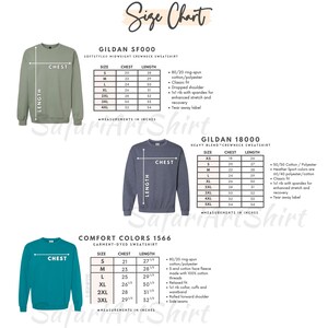 a size chart for two different types of sweatshirts, including a GILDA F2000 and a GILDA 1800. The chart provides measurements in inches for each size, and it also includes a section for the comfort colors of the sweatshirt.