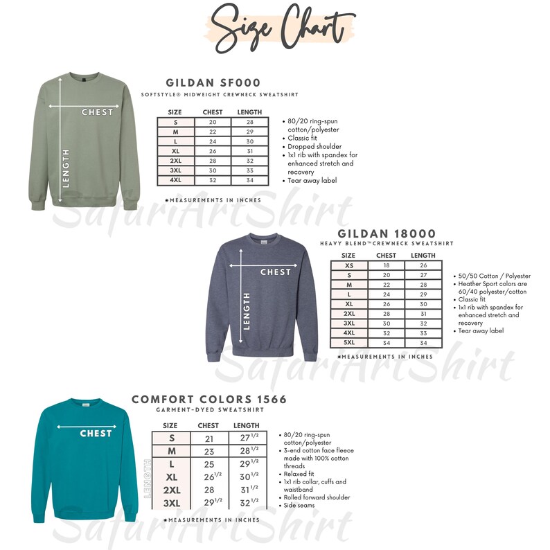 a size chart for two different types of sweatshirts, including a GILDA F2000 and a GILDA 1800. The chart provides measurements in inches for each size, and it also includes a section for the comfort colors of the sweatshirt.