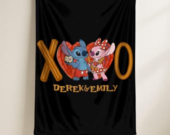 Personalized Stitch Valentines Blanket, Custom Lilo and Stitch Valentine’s Plush Throw Blanket,Customizable Couple Blanket,Couple Gift