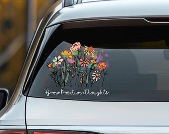 Calcomanía para auto con flores silvestres, calcomanía de vinilo con flores silvestres, calcomanía para auto con pensamientos positivos, regalo para novia amante de las plantas, calcomanía para auto estilo bohemio
