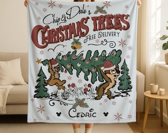 Christmas  Trees Chip N' Dale Blanket with Name, Custom Name Blanket, Double Trouble Christmas Blanket, Christmas Disneyland Throw Blanket