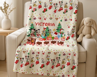 Custom Name Mickey and Friends Christmas Blanket, Xmas Holiday Blanket, Mickey's Very Merry Christmas Party Gift,Kids Christmas Blanket gift