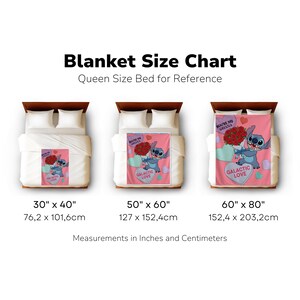 A size chart for a queen-sized bed, featuring three different blanket designs with varying sizes and dimensions.