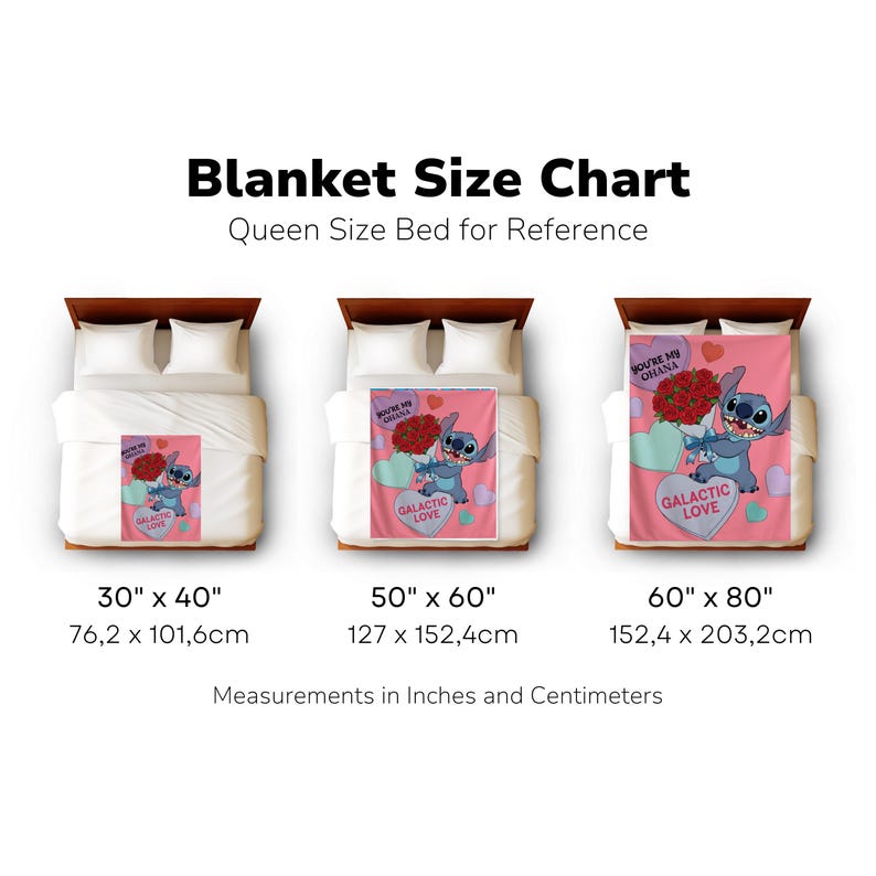 A size chart for a queen-sized bed, featuring three different blanket designs with varying sizes and dimensions.
