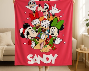 Personalized Name Mickey and Friends Christmas Throw Blanket, Custom Disneyland Christmas Cozy Blanket with Name,Mickey Minnie Blanket Gift