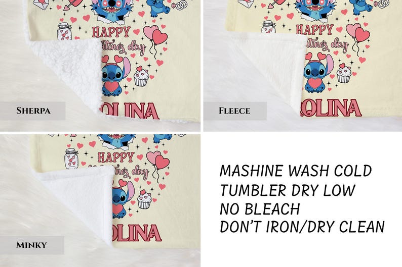 The image is a collage of three images showing different ways to wash a fleece blanket. The first image shows a Sherpa blanket, the second image shows a TUMBLER DRY LOW wash, and the third image shows a MACHINE WASH cold tumble dry low wash without bleach.