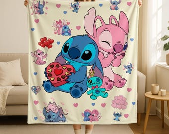 Stitch Angel Couple Blanket,Stitch LiLo Blanket, Couple Blanket,Valentine Gift,Housewarming Gift,Girlfriend Blanket Gift,Disney Trip Blanket