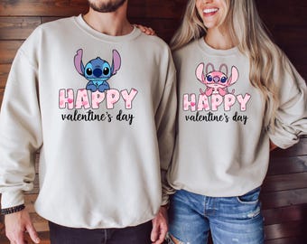 Sudadera con pareja de Stitch y San Valentín, suéter con ángel de Stitch de Disney, suéter con pareja de Disney, sudadera con viaje de luna de miel a Disneyland
