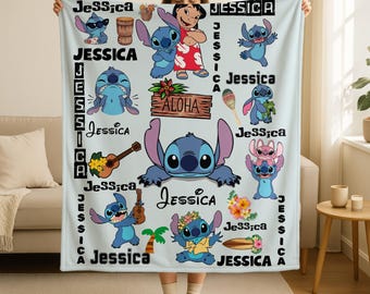 Personalized Lilo Stitch Blanket, Custom Name Stitch Kids Name Blanket, Disney Blanket, Ohana Means Family Blanket, Disneyland Stitch Gifts