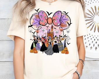 Disney Princess Minnie Head Halloween Shirt, Disney World Spooky Season Girls Trip Tee,Snow White Ariel Jasmine Spooky Tee,Coquette Fall Bow