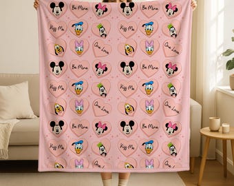 Mickey and Friends Heart Valentines Blanket,Valentine Gift for Girlfriend,Cozy Disney Blanket,Cartoon Valentine Throw,Disney Home Decor Gift