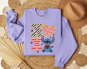 Xoxo Stitch Sweatshirt,Disney Valentines Stitch and Angel Sweatshirt,Cute Couples Valentine Gift, Disneyland Valentines Trip Sweater For Her