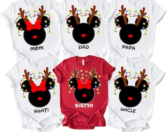 Custom Name Mickey & Minnie Head XMas  Shirt,Christmas Disney Couple Tees,Disney Christmas Family Shirts,Christmas Gift,Santa Hat,Reindeer