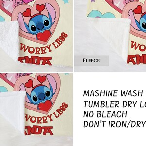 The image is a collage of four images, each depicting a different part of a towel with a cartoon character. The towel has a pink and white color scheme and features a heart-shaped design with a character wearing a red hat. The images are labeled with the words 'SHERPA', 'FLEECE', 'MASHINE WASH COLD', 'TUMBLER DRY LOW', 'NO BLACH', 'DON'T IRON/DRY CLEAN', and 'MINKY'.