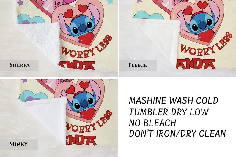 The image is a collage of four images, each depicting a different part of a towel with a cartoon character. The towel has a pink and white color scheme and features a heart-shaped design with a character wearing a red hat. The images are labeled with the words 'SHERPA', 'FLEECE', 'MASHINE WASH COLD', 'TUMBLER DRY LOW', 'NO BLACH', 'DON'T IRON/DRY CLEAN', and 'MINKY'.