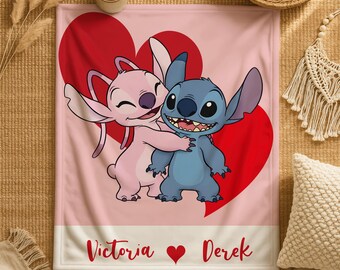 Personalized Disney Stitch Blanket, Custom Name Lilo And Stitch Disney Blanket, Cartoon Birthday Gift, Valentine Gift Couple, Christmas Gift