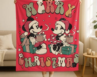 Merry Christmas Blanket, Mickey Mouse Xmas Blanket, Minnie Mouse Christmas Blanket,Disneyland Christmas Blanket,Mickey Minnie Blanket Gift