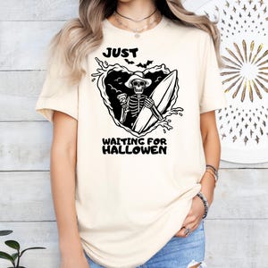 Just Waiting for Halloween Shirt, Funny Skeleton Shirt, Spooky Fall Graphic Tee, Retro Halloween Shirt, Cozy October Gift, Hallowen Shirt