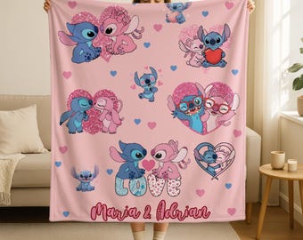 Personalized Name Stitch And Angel Blanket, Custom Name Lilo And Stitch Couple Blanket,Cozy Couple Blanket,Cute Throw Blanket,Valentine Gift