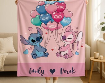 Personalized Name Stitch Angel Blanket,Custom Name Stitch Lilo Blanket,Cartoon Birthday Gift,Valentine Gift Couple,Christmas Gift,Home Decor