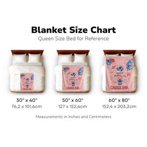 The image is a size chart for a queen-sized bed, displaying three different blanket sizes in inches and centimeters.